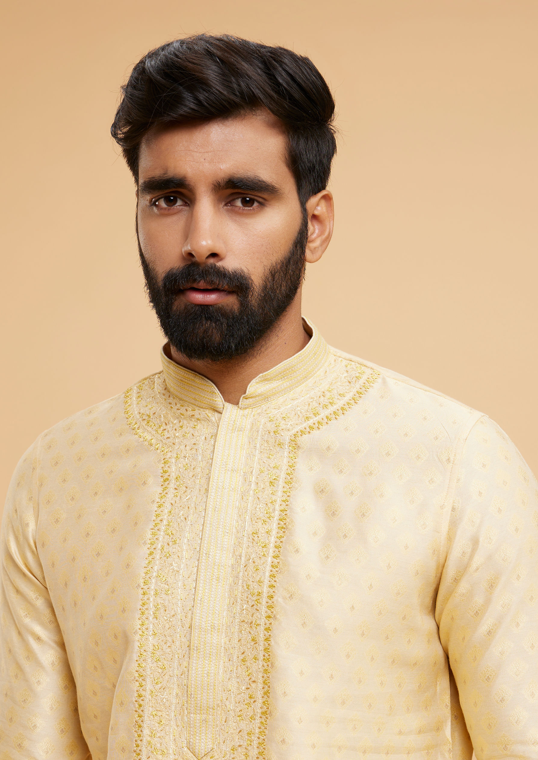 Twamev Men Regal Beige Brocade Kurta Pajama