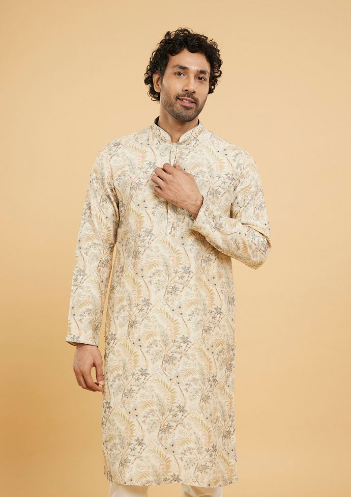 Twamev Men Cream Beige Leaf Printed Kurta Set with Sequin Work