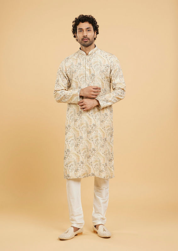 Twamev Men Cream Beige Leaf Printed Kurta Set with Sequin Work