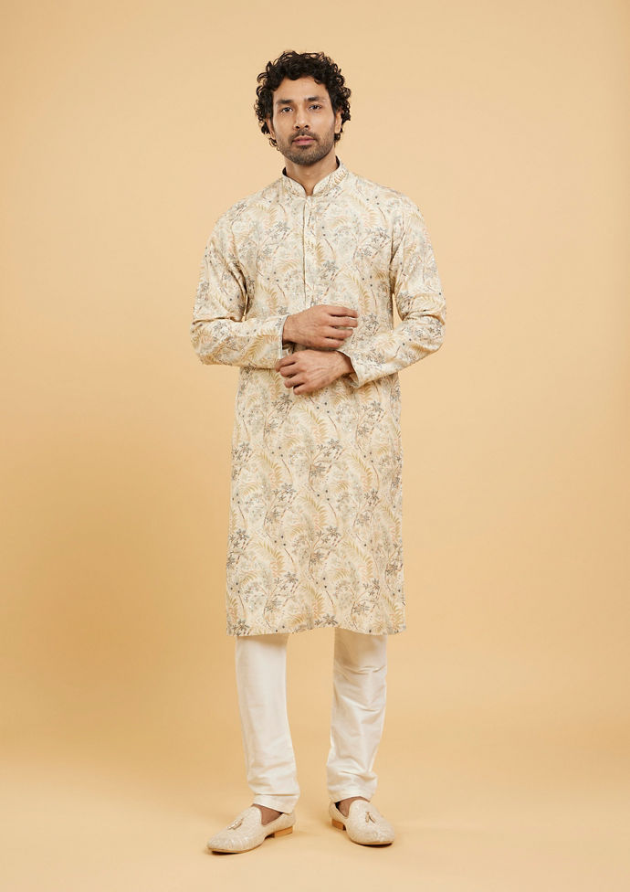 Twamev Men Cream Beige Leaf Printed Kurta Set with Sequin Work