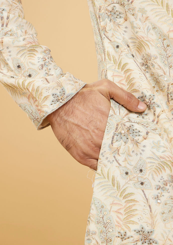 Twamev Men Cream Beige Leaf Printed Kurta Set with Sequin Work