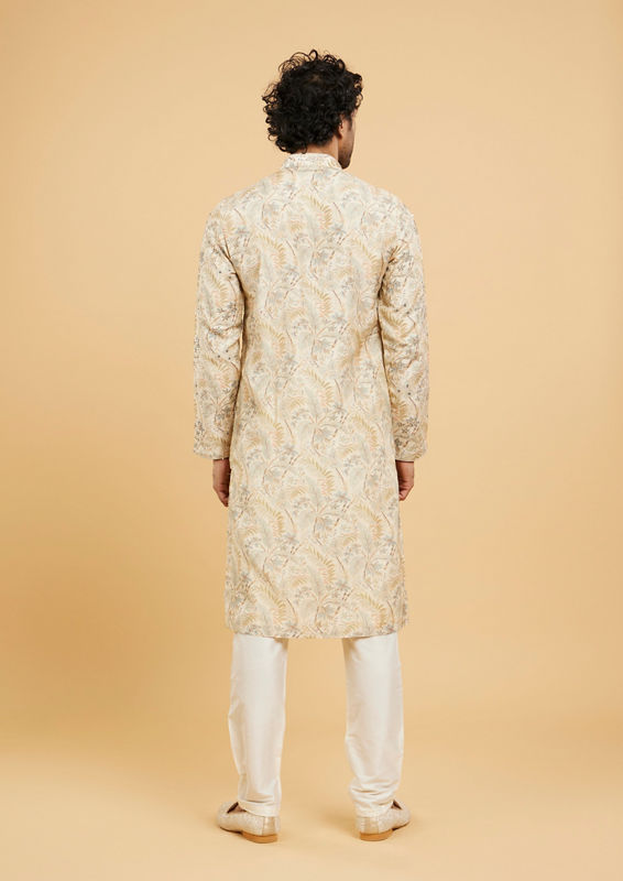 Twamev Men Cream Beige Leaf Printed Kurta Set with Sequin Work