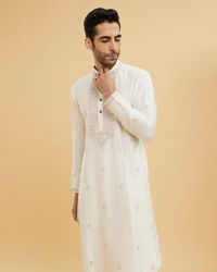 Twamev Men Ivory Viscose Floral Embroidered Kurta Set