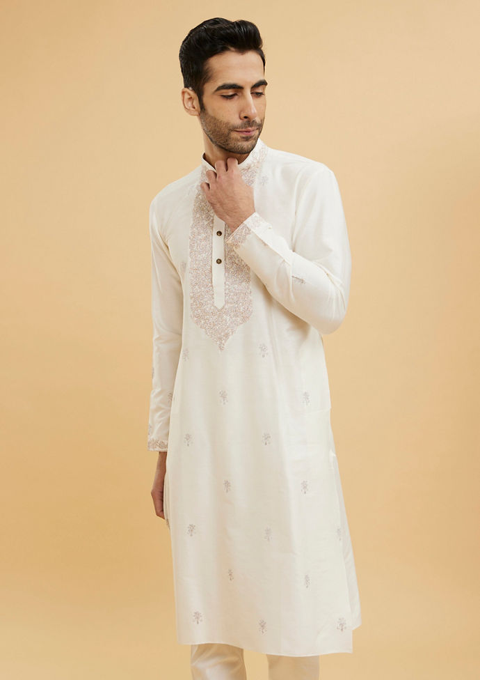 Twamev Men Cream White Floral Embroidered Kurta Set