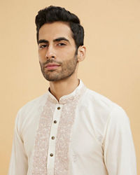 Twamev Men Ivory Viscose Floral Embroidered Kurta Set