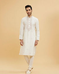 Twamev Men Ivory Viscose Floral Embroidered Kurta Set