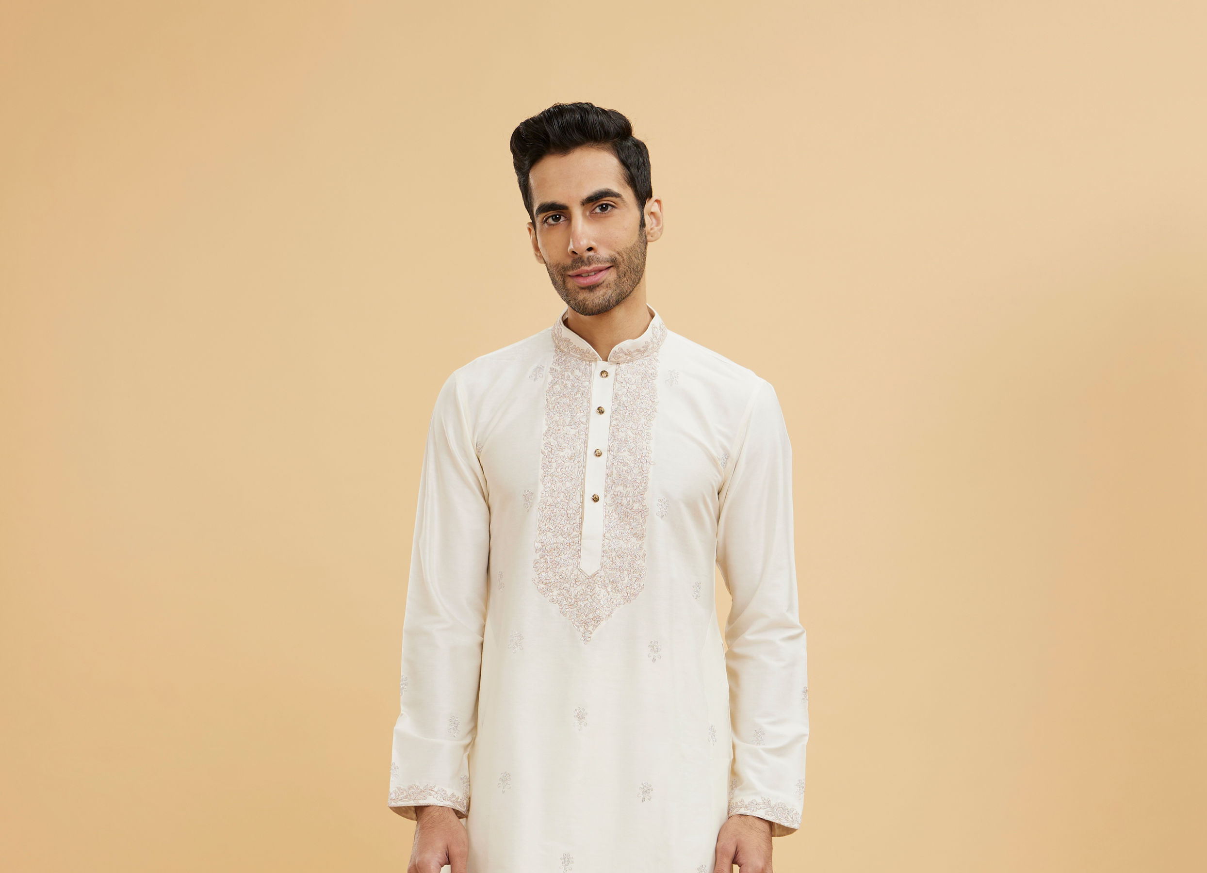 Twamev Men Ivory Viscose Floral Embroidered Kurta Set