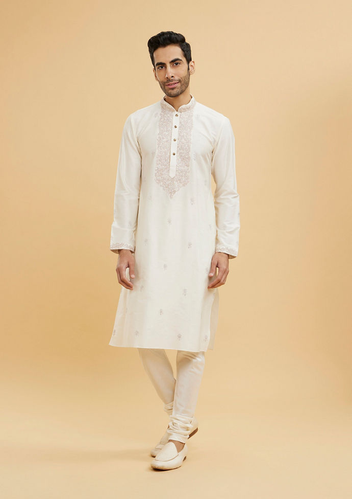Twamev Men Cream White Floral Embroidered Kurta Set