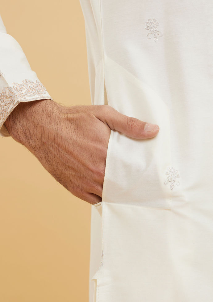 Twamev Men Cream White Floral Embroidered Kurta Set