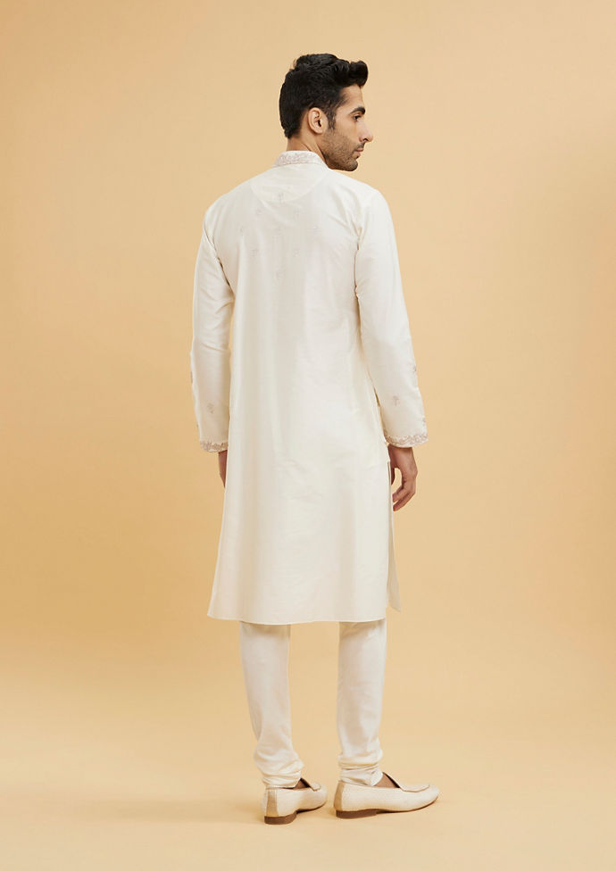 Twamev Men Cream White Floral Embroidered Kurta Set
