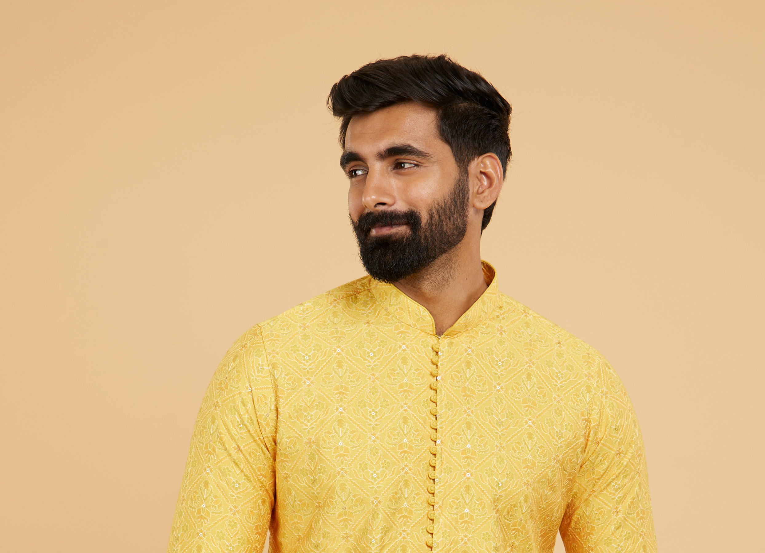 Twamev Men Mustard Silk Embroidered Front Open Kurta Pant Set
