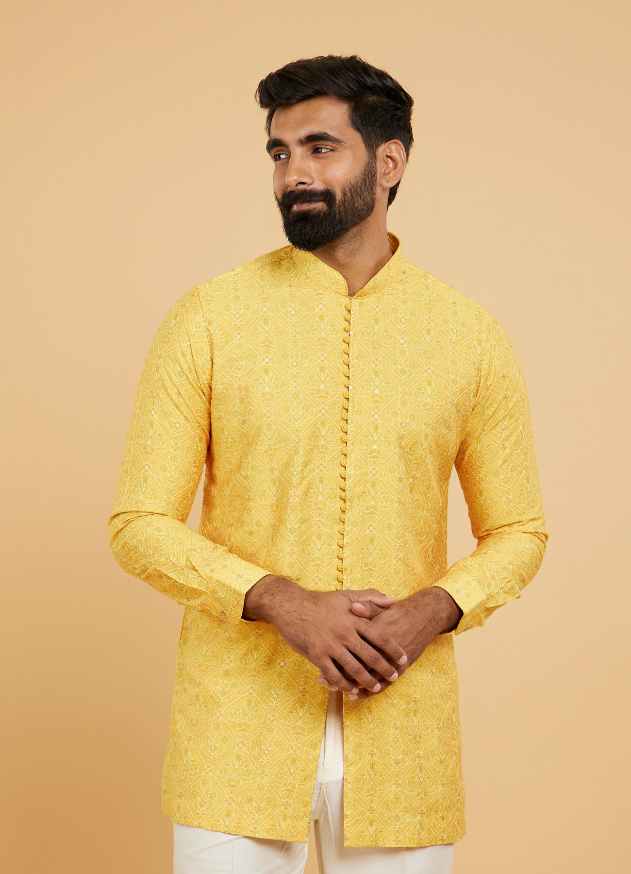 Twamev Men Mustard Silk Embroidered Front Open Kurta Pant Set