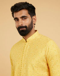 Twamev Men Mustard Silk Embroidered Front Open Kurta Pant Set