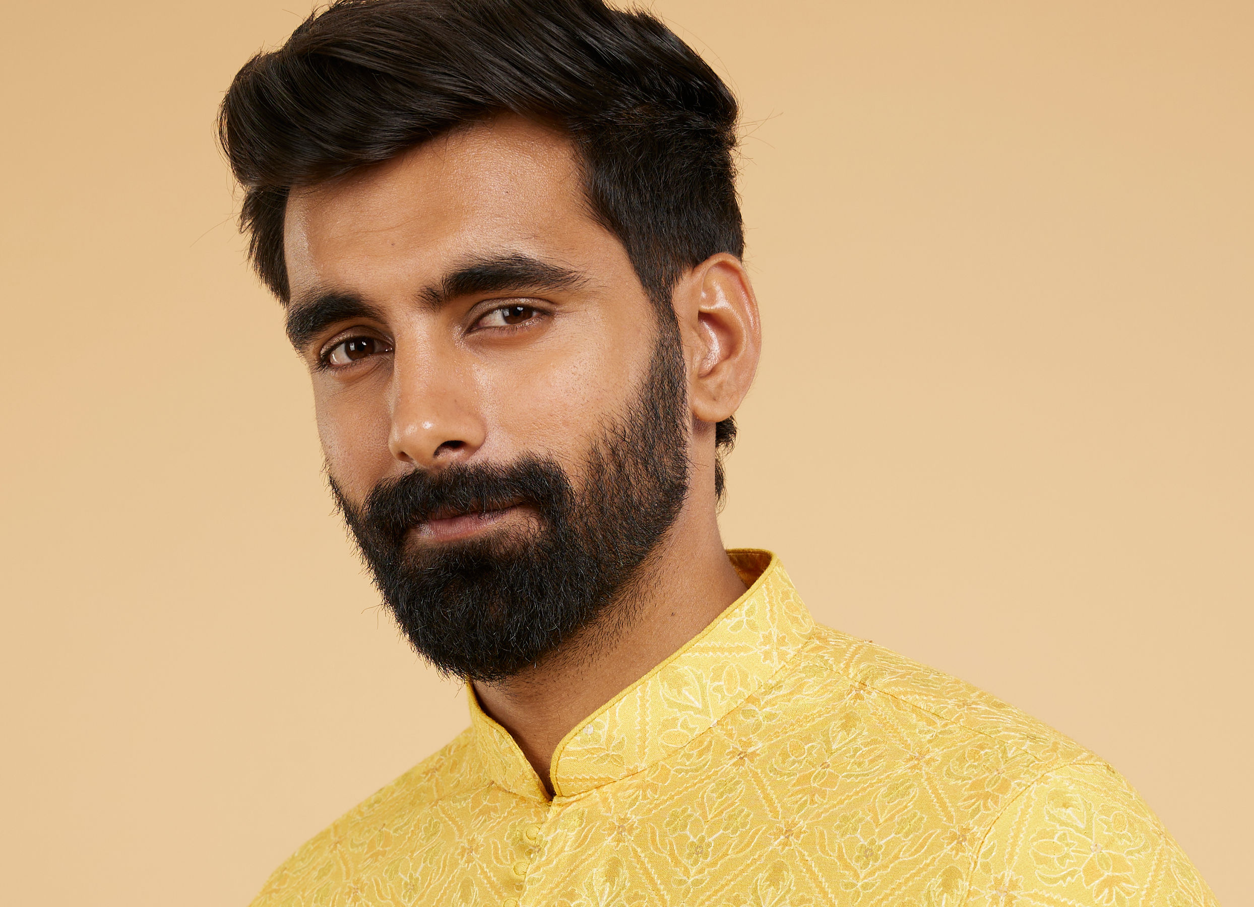Twamev Men Mustard Silk Embroidered Front Open Kurta Pant Set