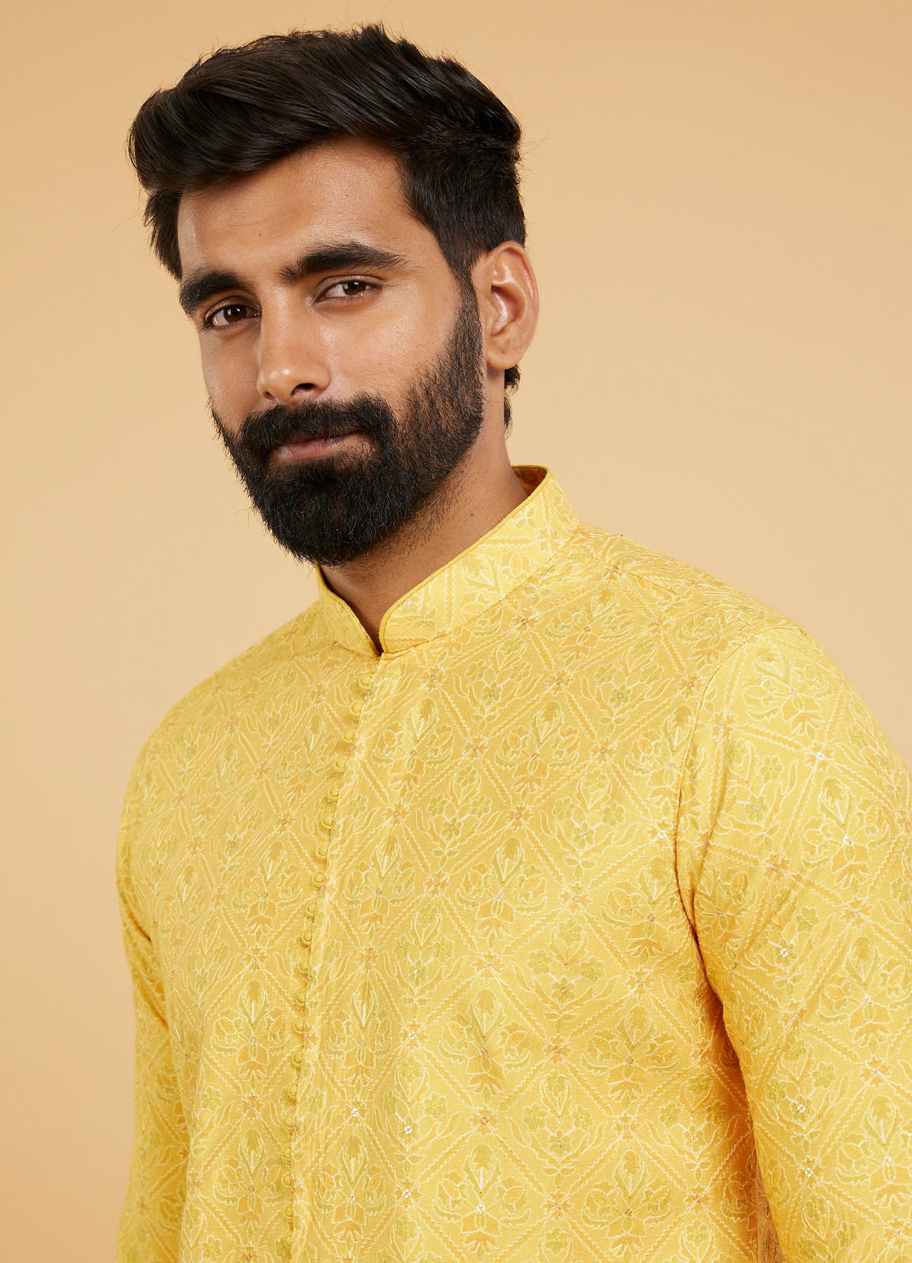 Twamev Men Mustard Silk Embroidered Front Open Kurta Pant Set