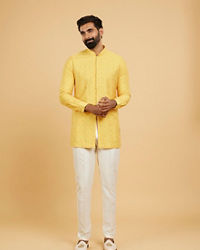 Twamev Men Mustard Silk Embroidered Front Open Kurta Pant Set