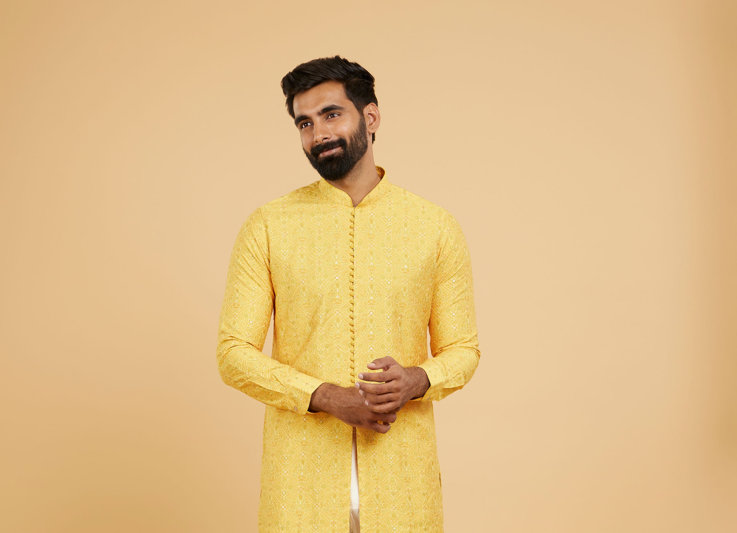 Twamev Men Mustard Silk Embroidered Front Open Kurta Pant Set