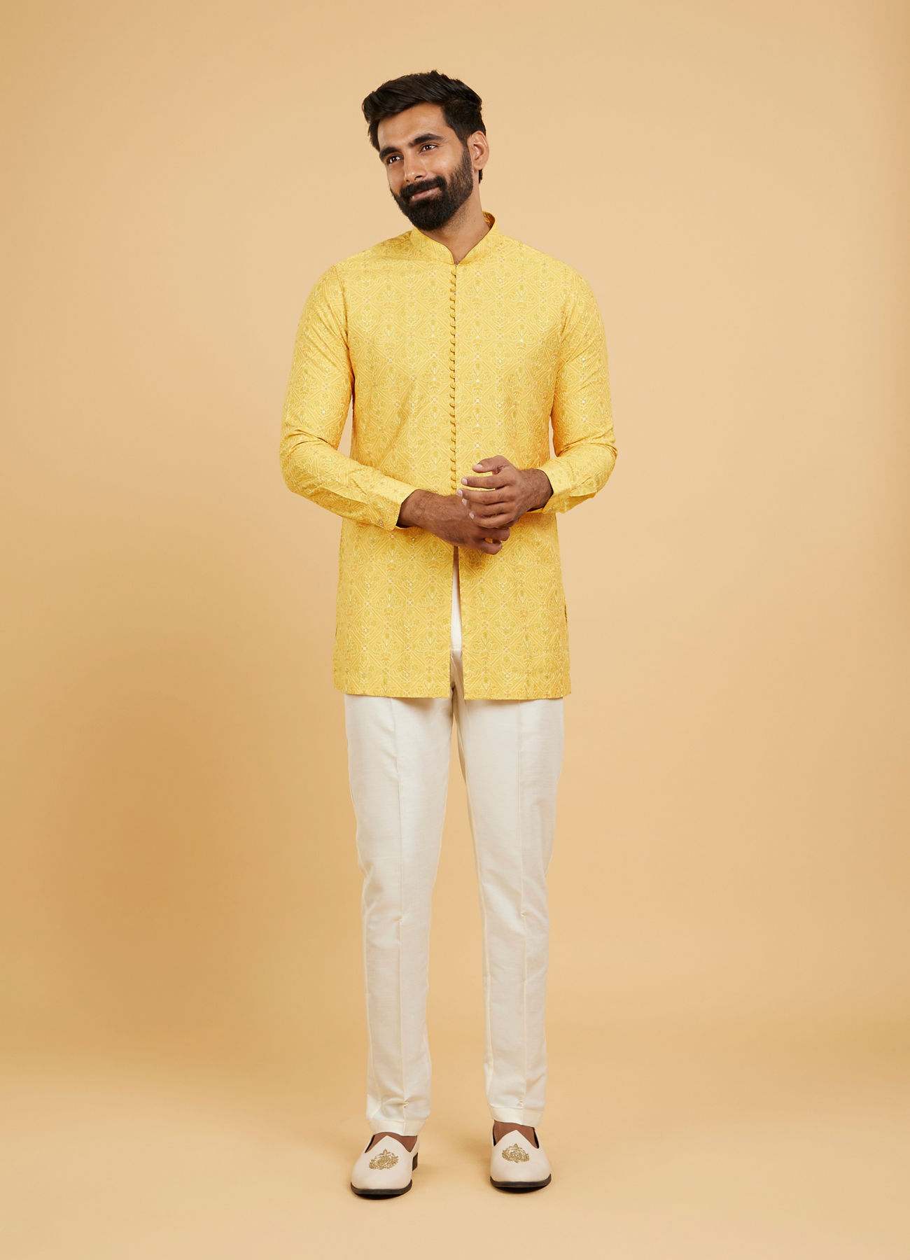 Twamev Men Mustard Silk Embroidered Front Open Kurta Pant Set