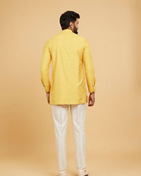 Twamev Men Mustard Silk Embroidered Front Open Kurta Pant Set