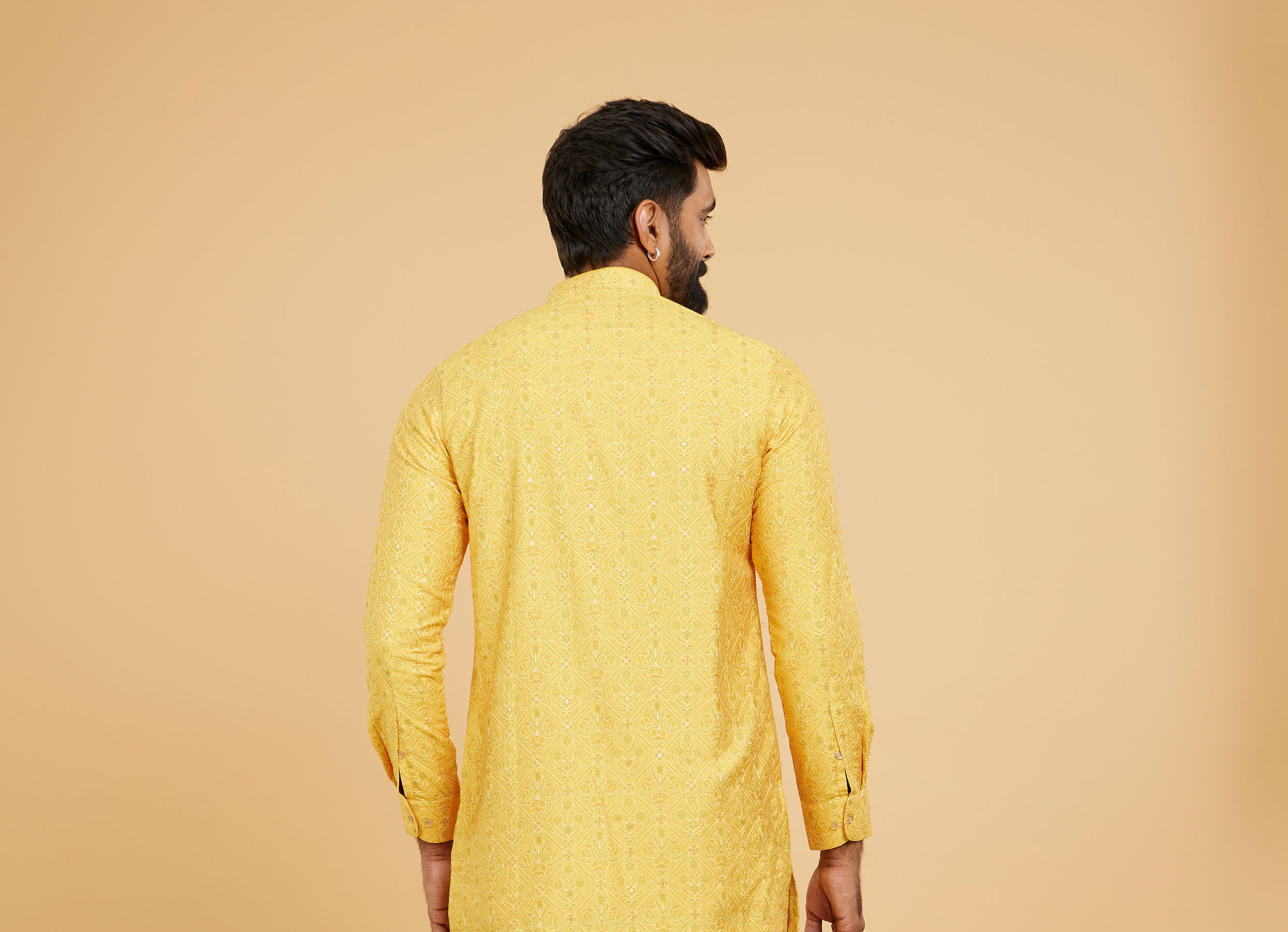Twamev Men Mustard Silk Embroidered Front Open Kurta Pant Set