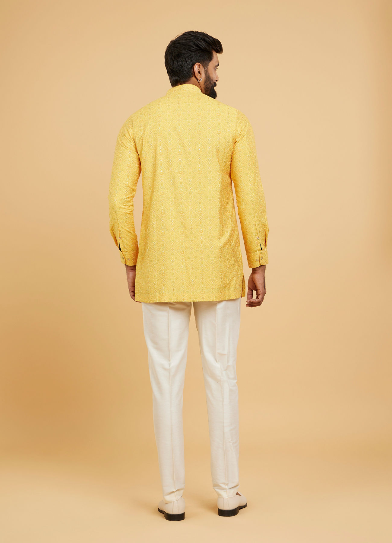 Twamev Men Mustard Silk Embroidered Front Open Kurta Pant Set