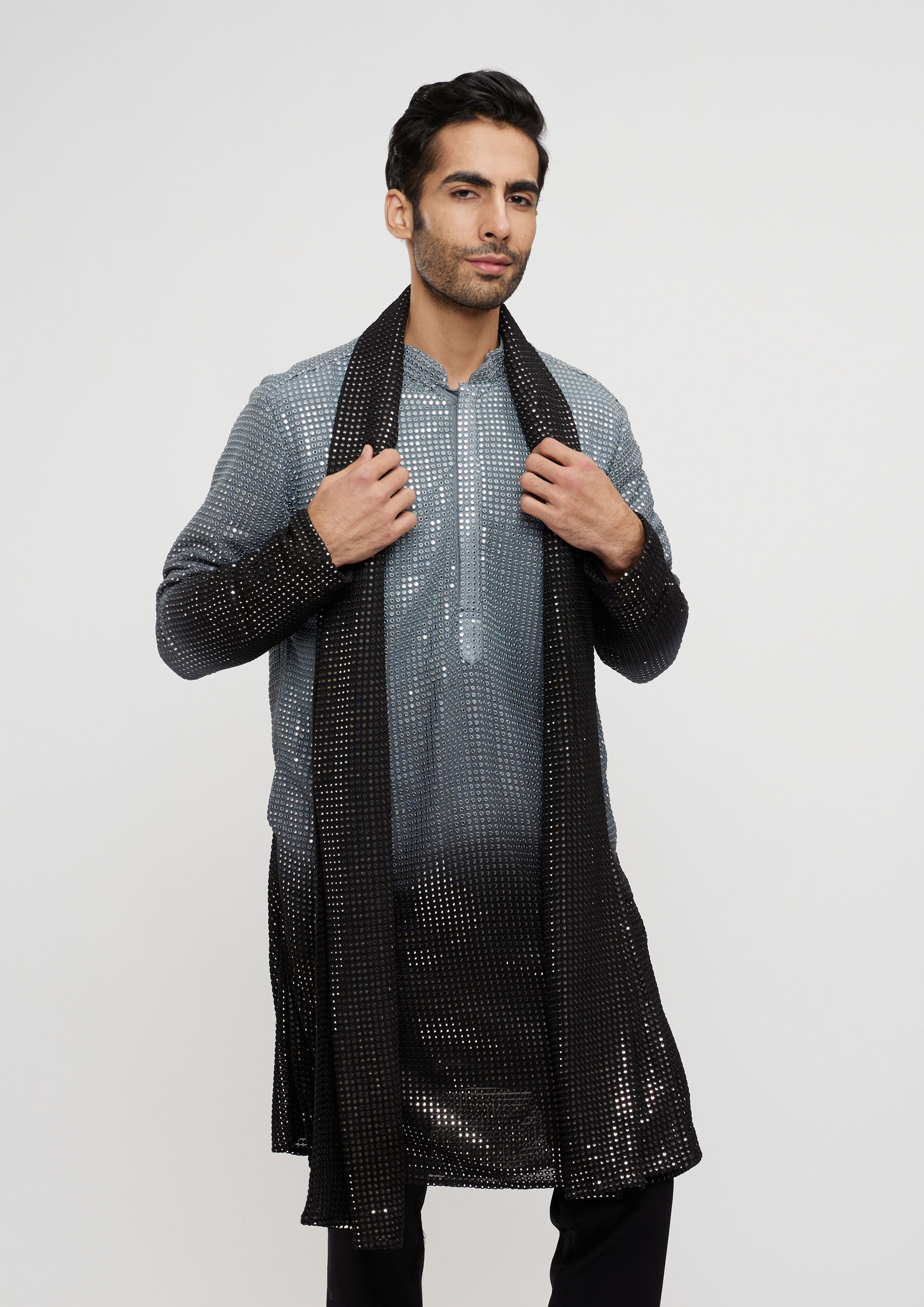 Twamev Men Dark Grey Black Georgette Kurta Set with Dupatta