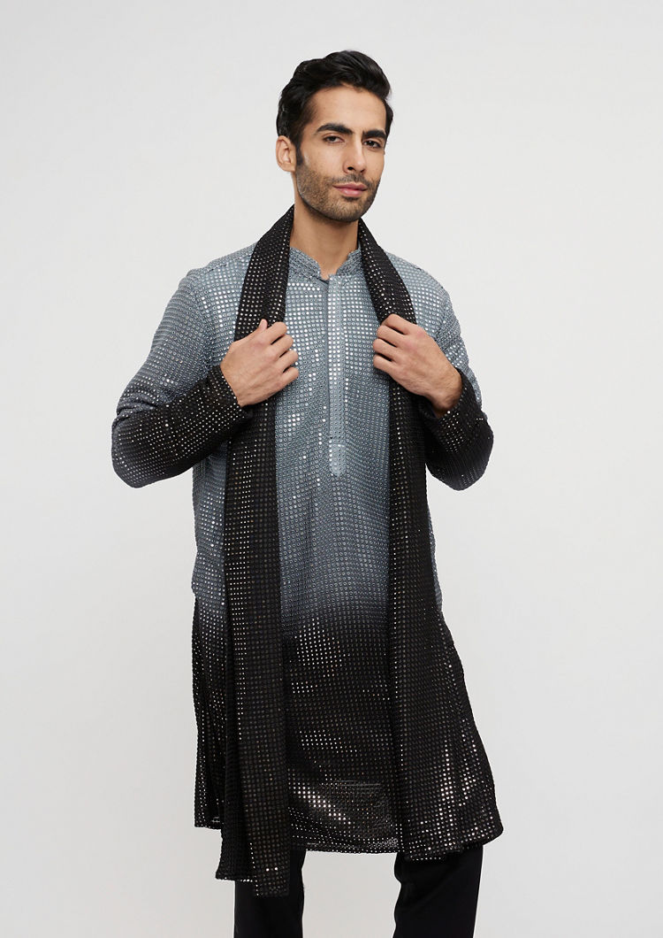 Twamev Men Dark Grey Black Georgette Kurta Set with Dupatta