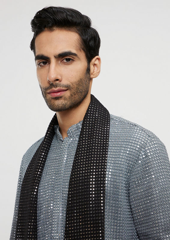 Twamev Men Dark Grey Black Georgette Kurta Set with Dupatta