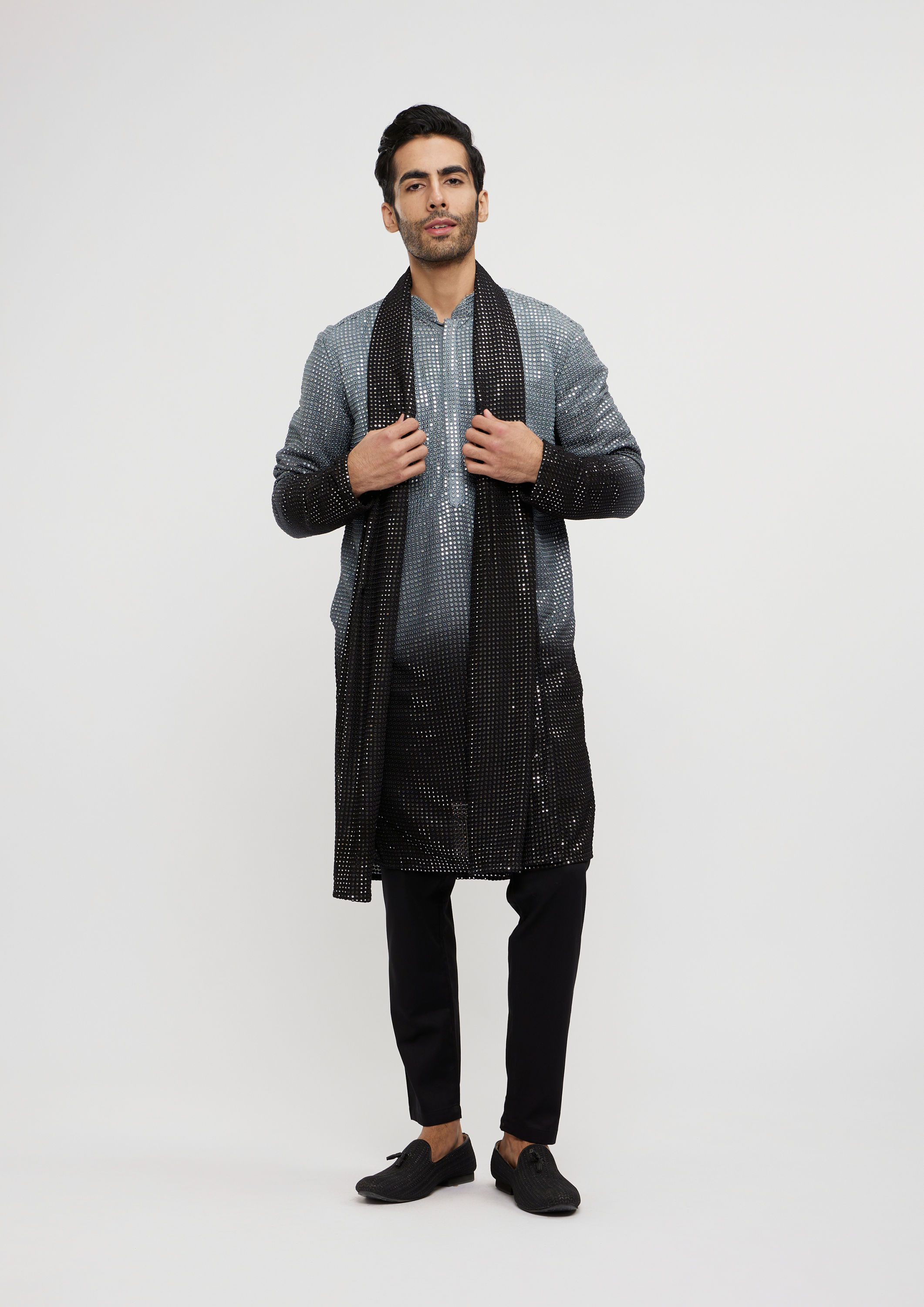 Twamev Men Dark Grey Black Georgette Kurta Set with Dupatta