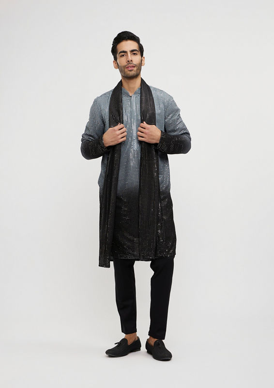Twamev Men Dark Grey Black Georgette Kurta Set with Dupatta