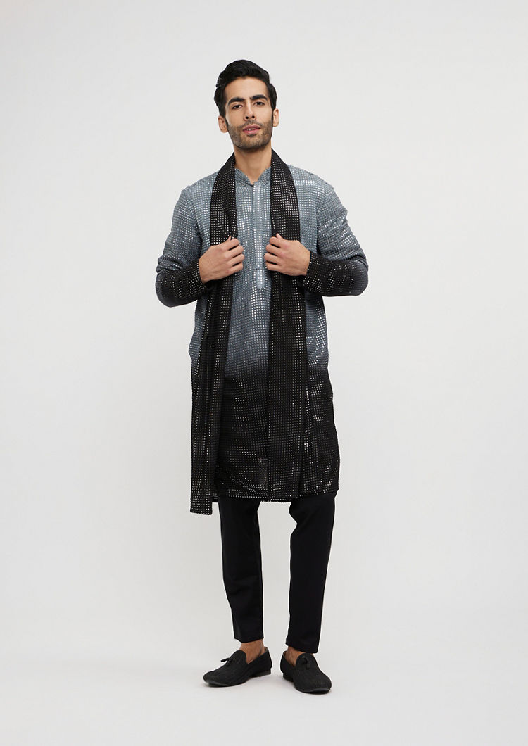 Twamev Men Dark Grey Black Georgette Kurta Set with Dupatta