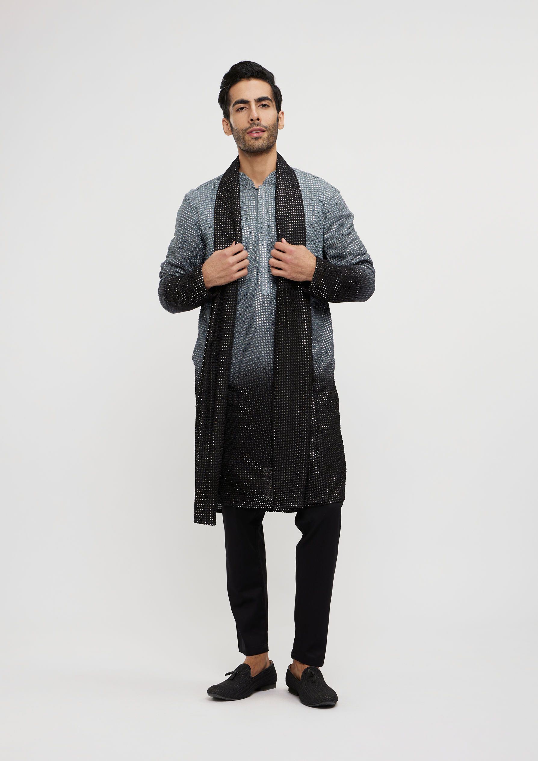 Twamev Men Dark Grey Black Georgette Kurta Set with Dupatta