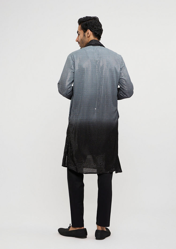 Twamev Men Dark Grey Black Georgette Kurta Set with Dupatta