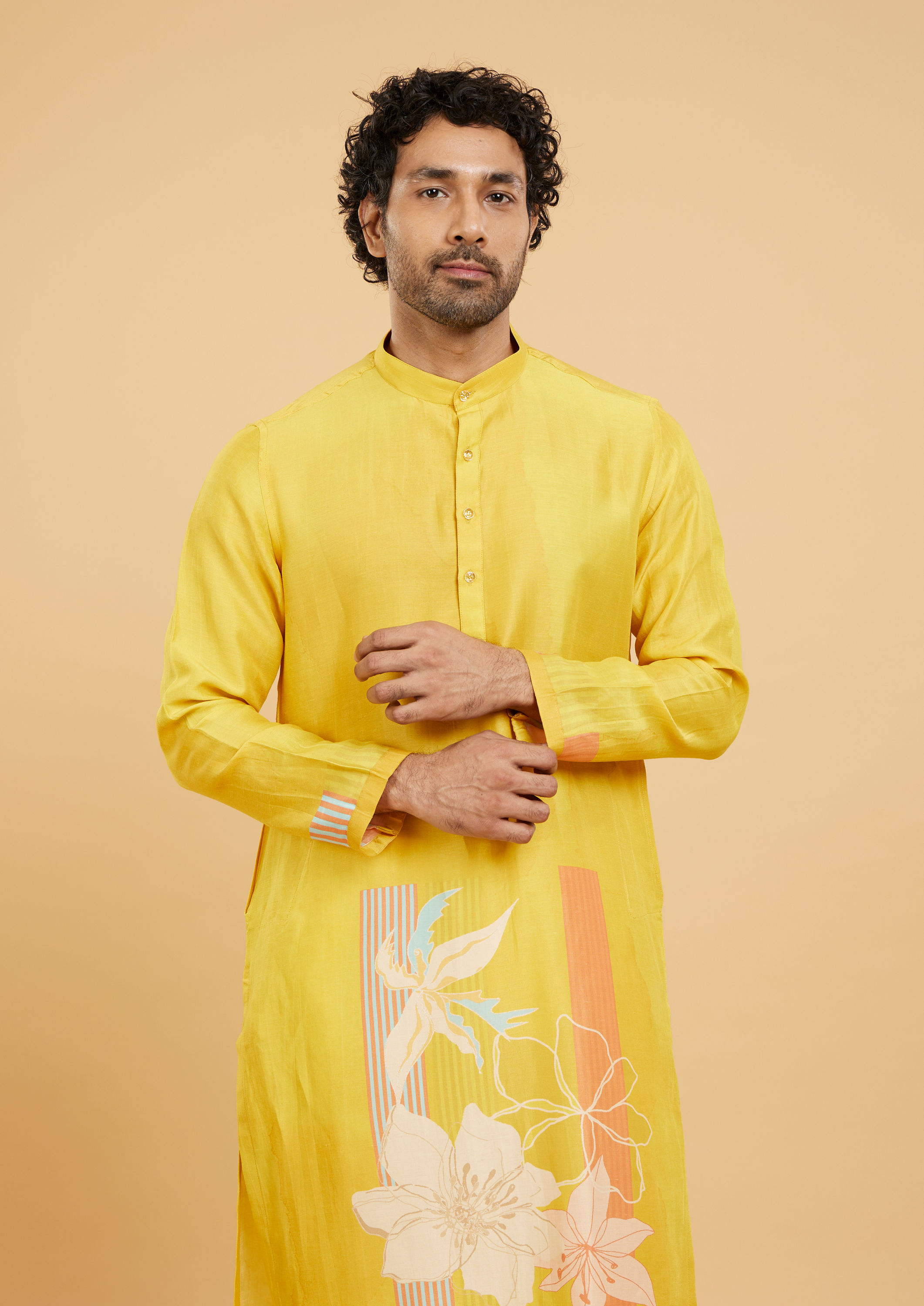 Twamev Men Mustard Art Silk Kurta Pant Set