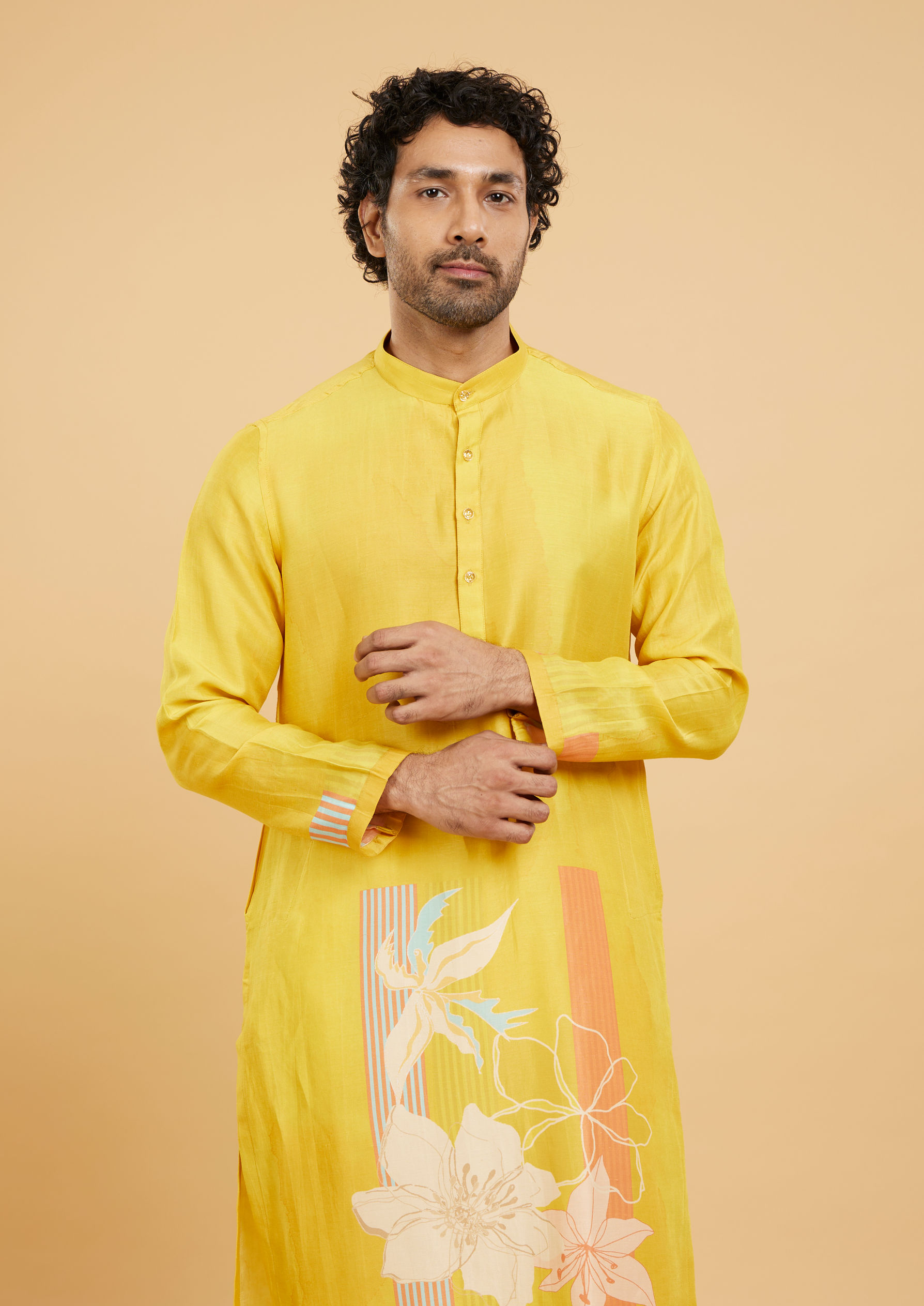 Twamev Men Mustard Art Silk Kurta Pant Set