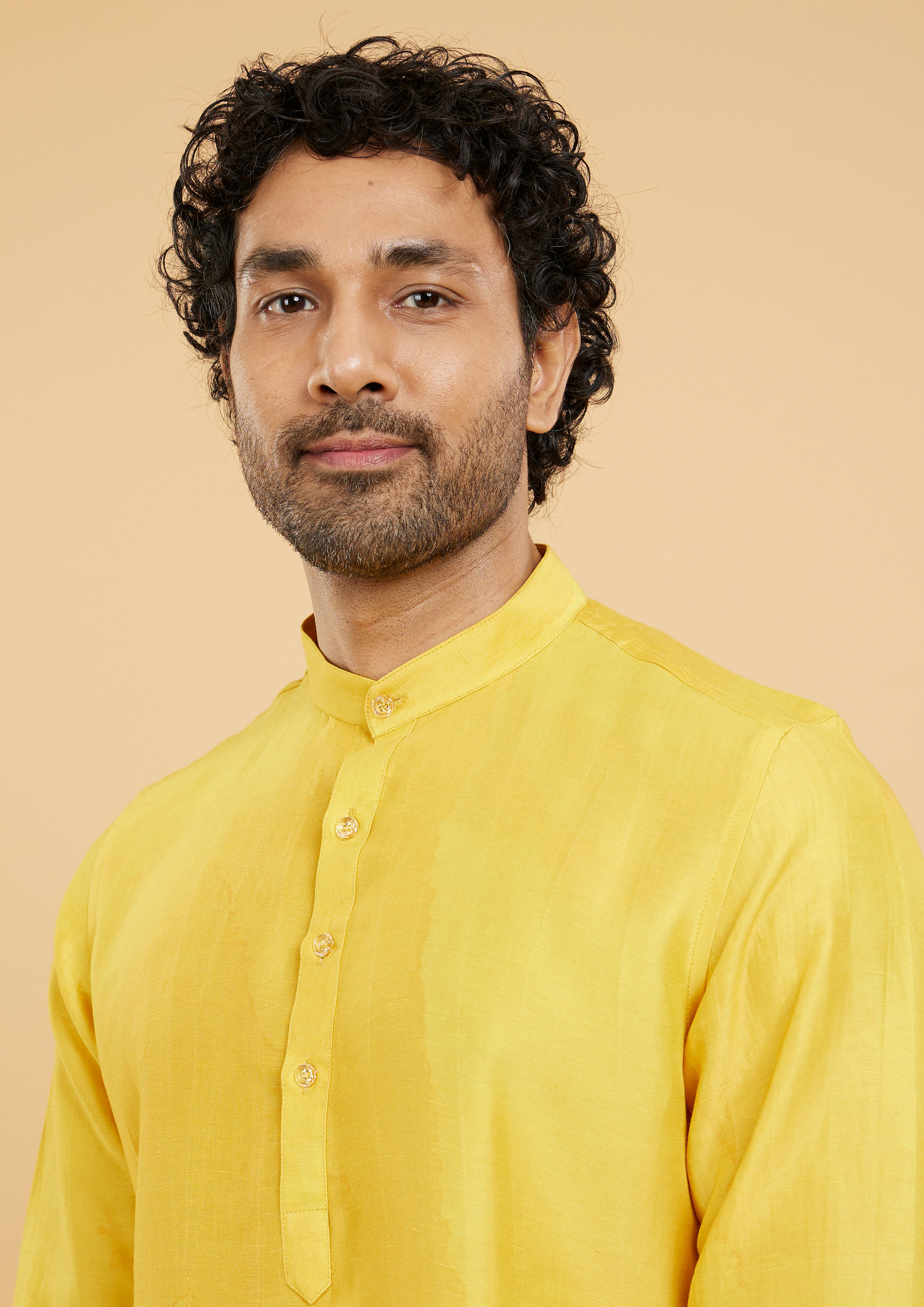 Twamev Men Mustard Art Silk Kurta Pant Set