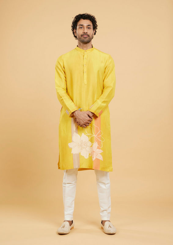 Twamev Men Mustard Art Silk Kurta Pant Set