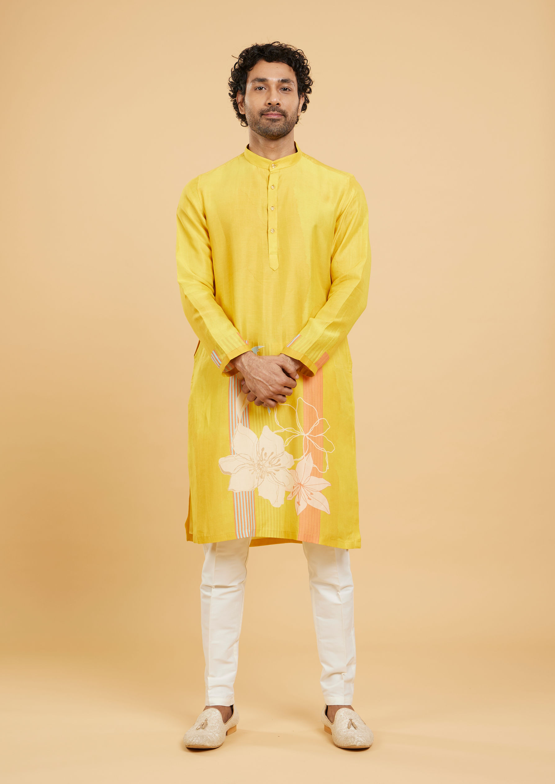 Twamev Men Mustard Art Silk Kurta Pant Set