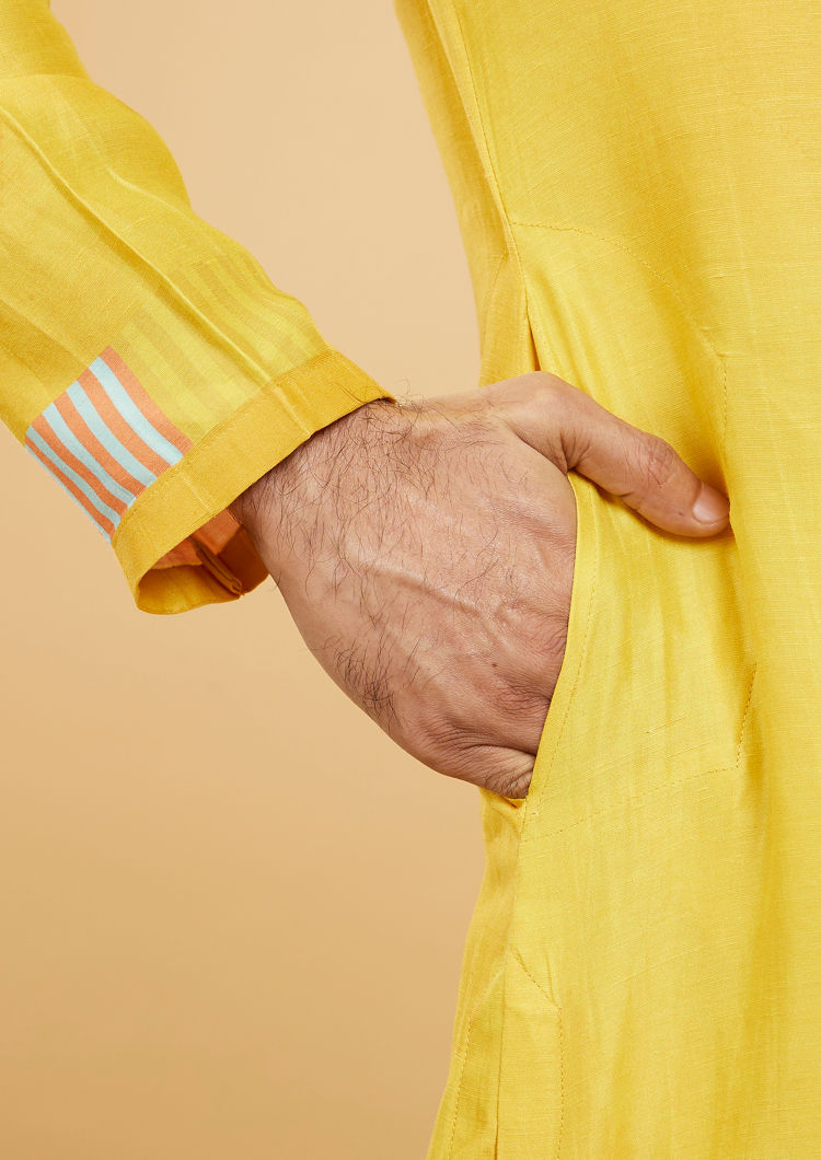 Twamev Men Mustard Art Silk Kurta Pant Set