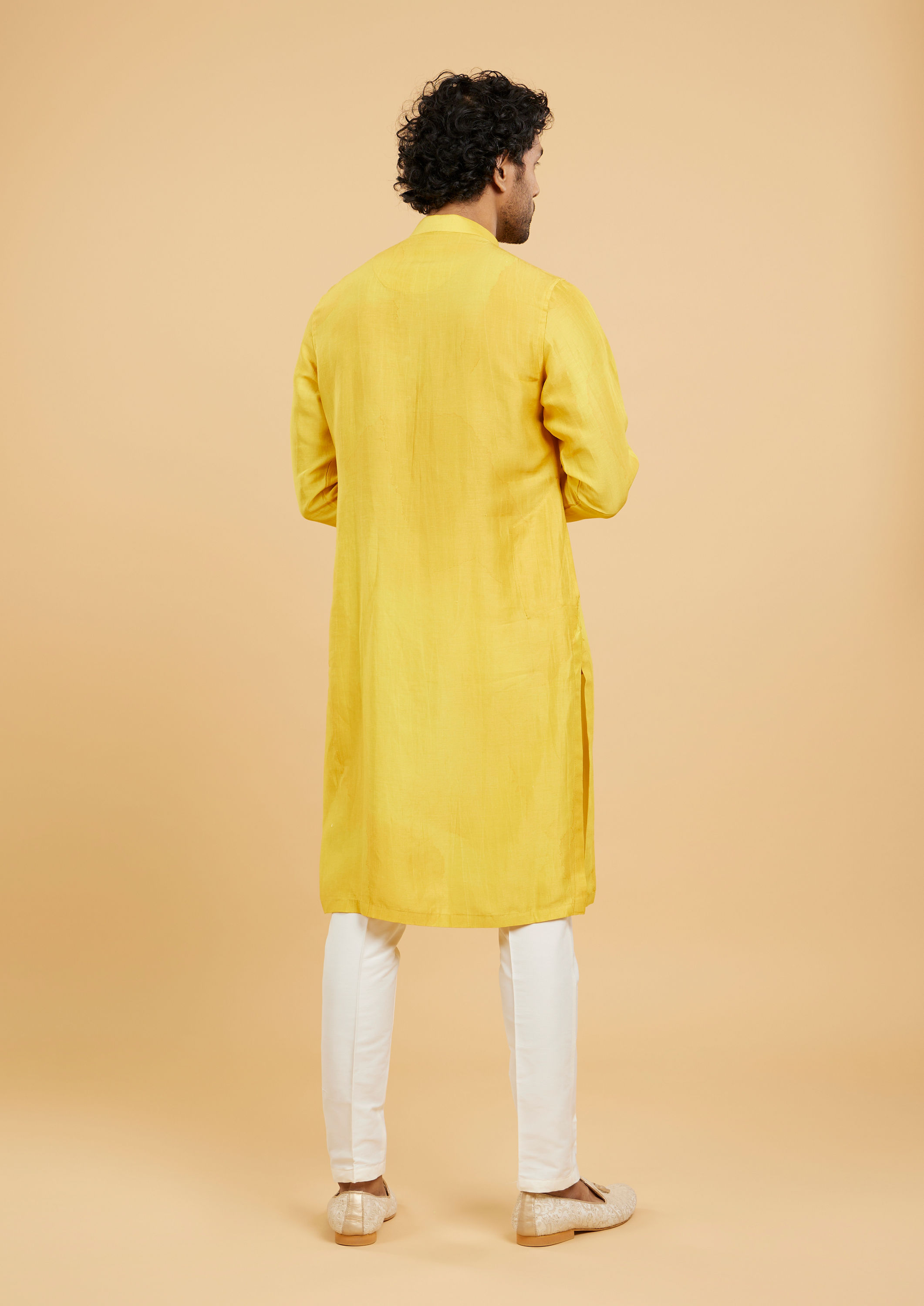 Twamev Men Mustard Art Silk Kurta Pant Set