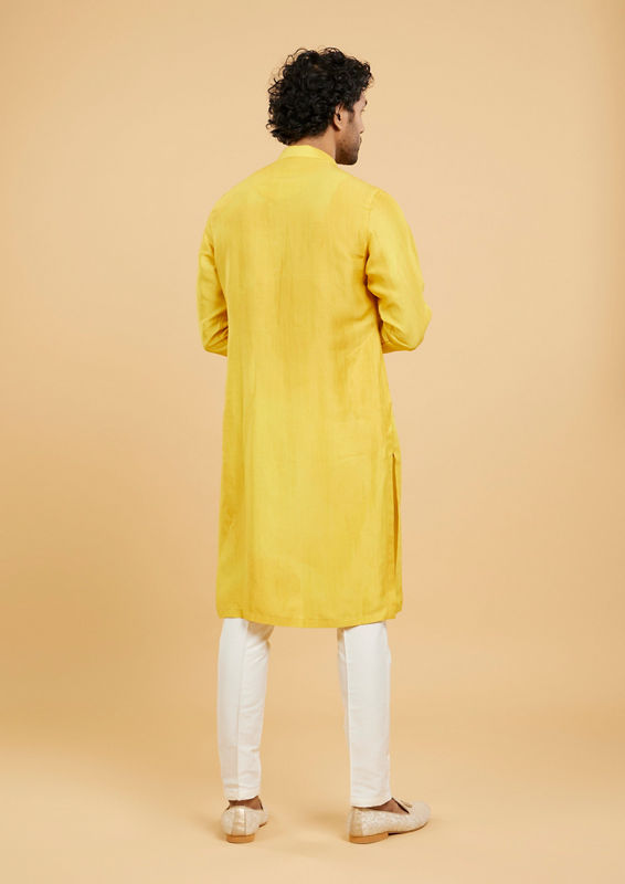 Twamev Men Mustard Art Silk Kurta Pant Set