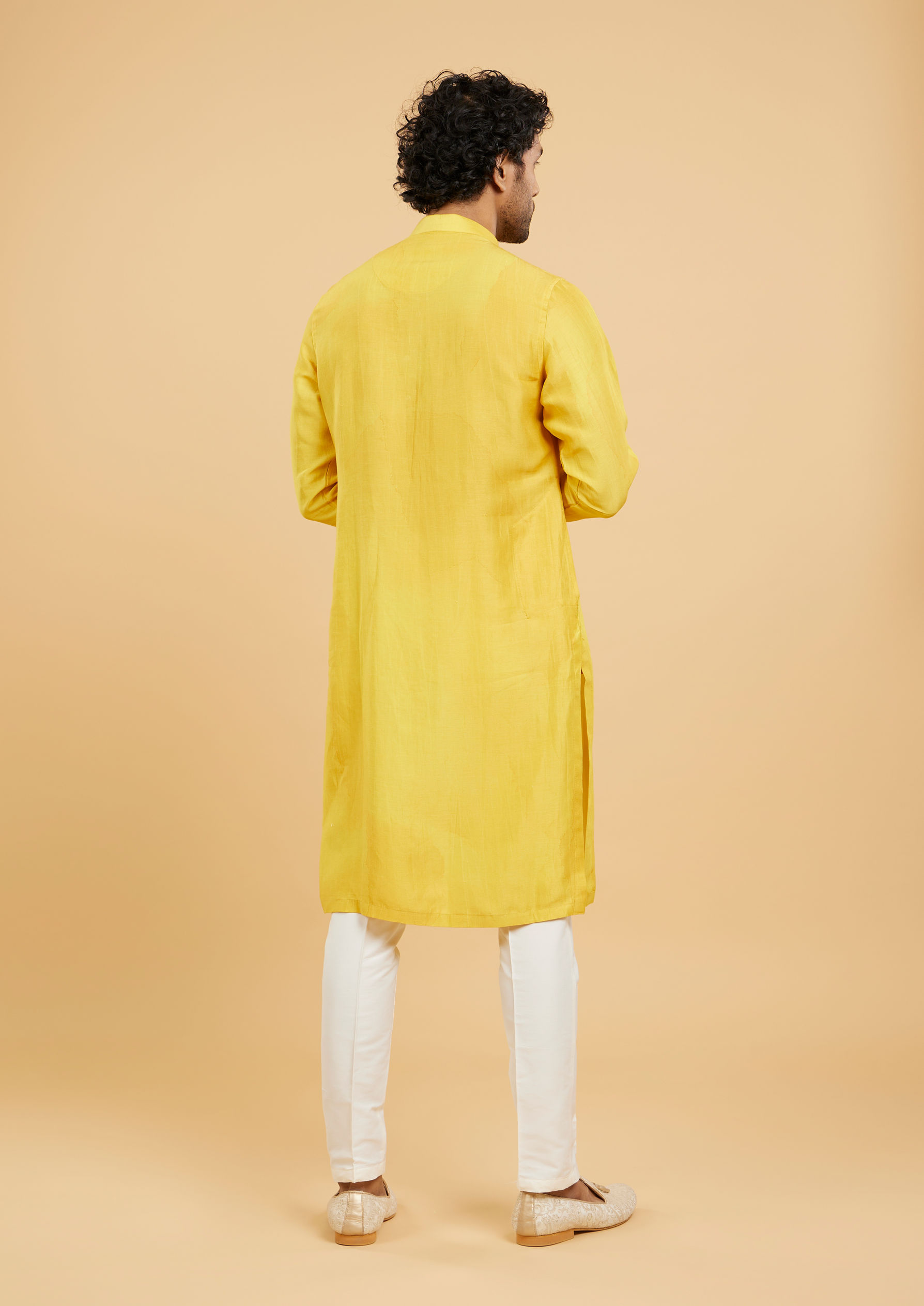 Twamev Men Mustard Art Silk Kurta Pant Set