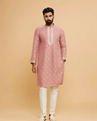 Twamev Men Dusty Pink Chanderi Embroidered Kurta Set