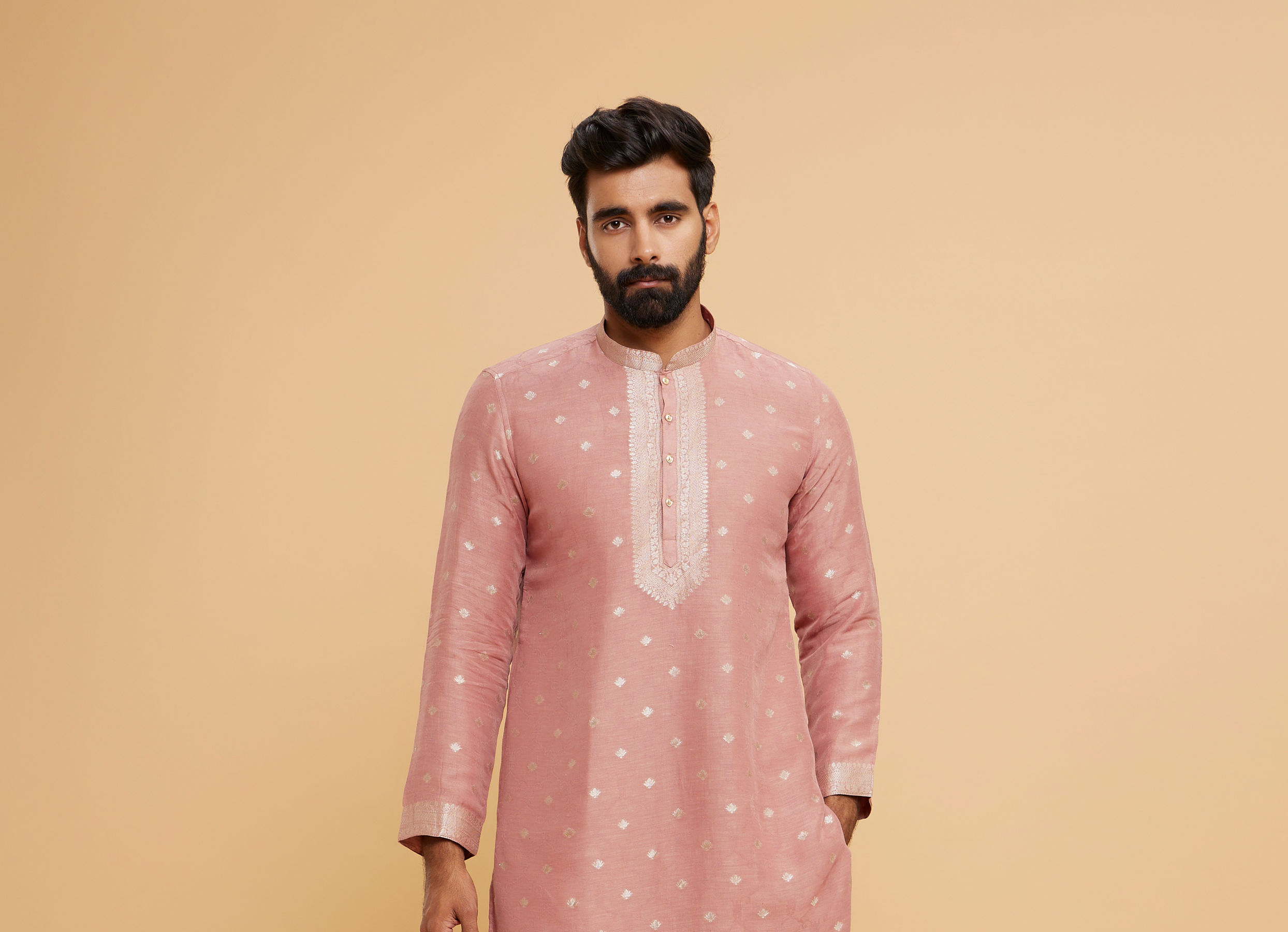 Twamev Men Dusty Pink Chanderi Embroidered Kurta Set