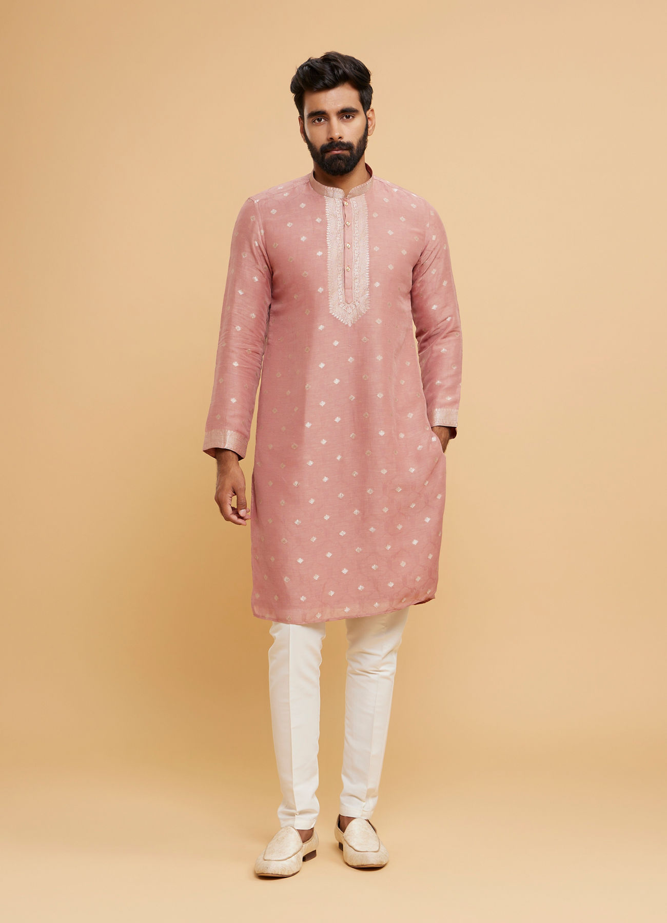 Twamev Men Dusty Pink Chanderi Embroidered Kurta Set