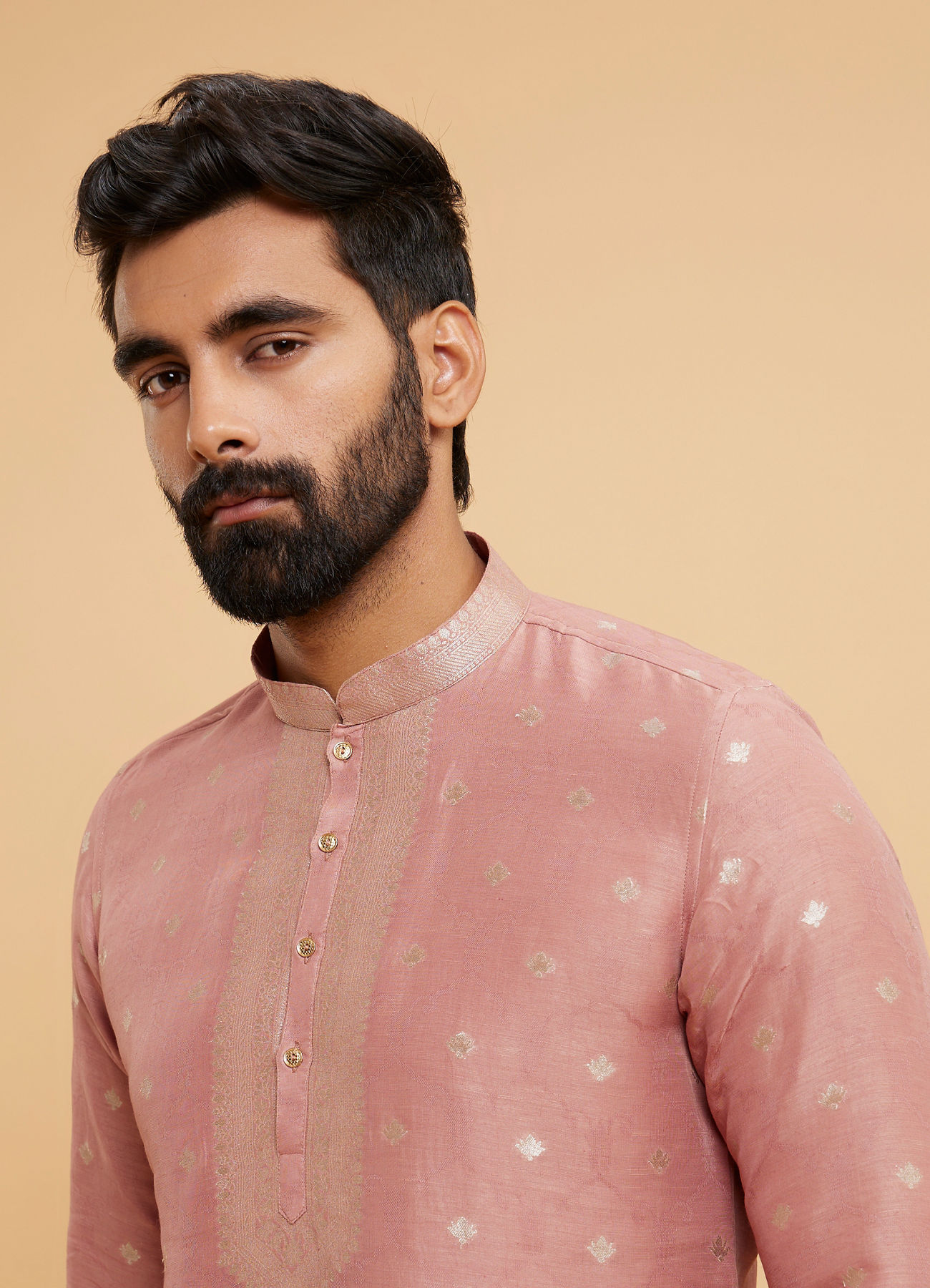 Twamev Men Dusty Pink Chanderi Embroidered Kurta Set