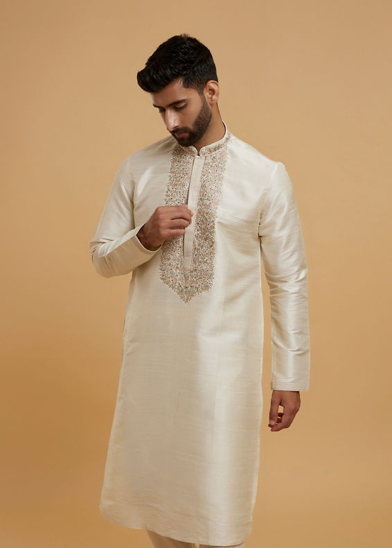 Twamev Men Beige Silk Elegance Kurta Pajama
