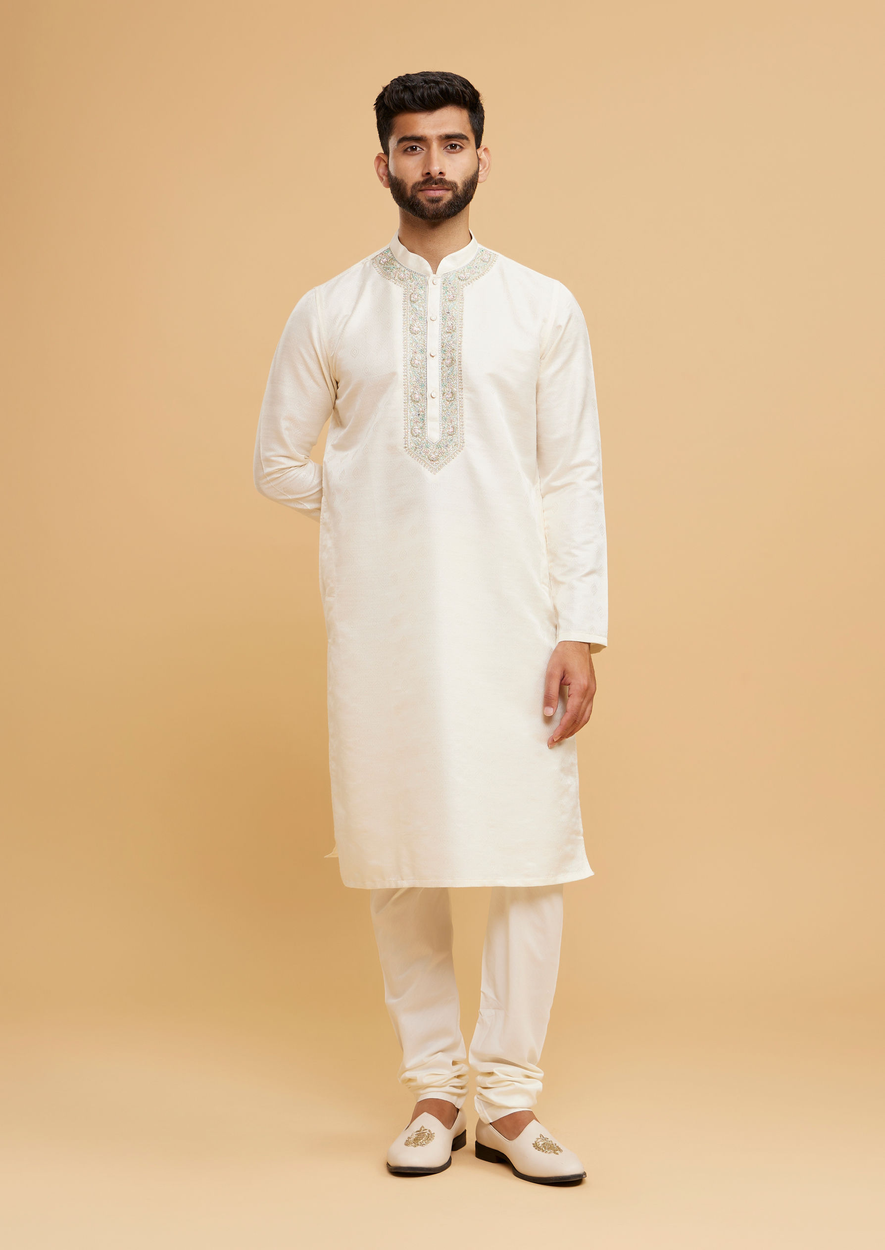 Twamev Men Twinkling Cream Brocade Kurta Pajama
