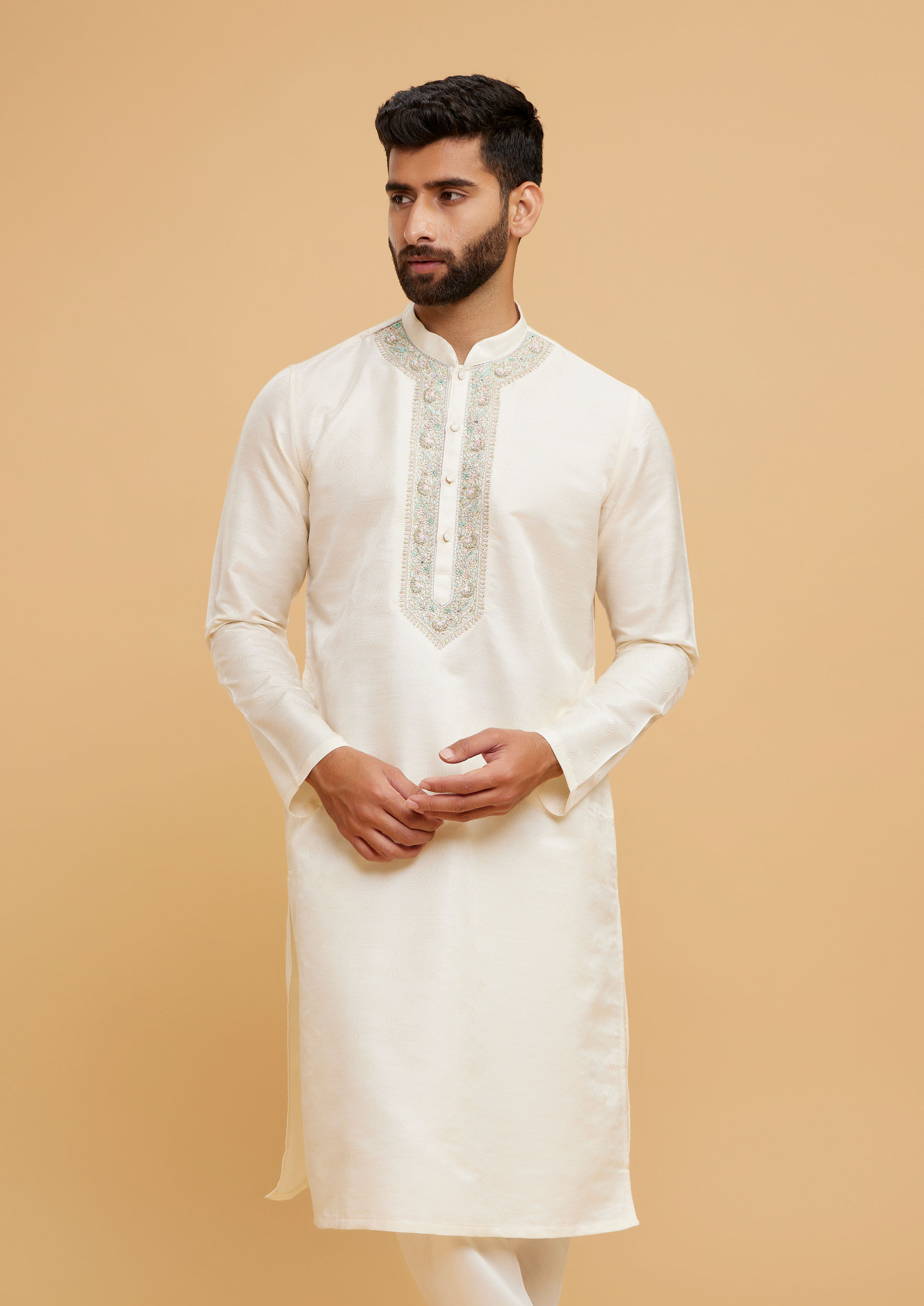 Twamev Men Twinkling Cream Brocade Kurta Pajama