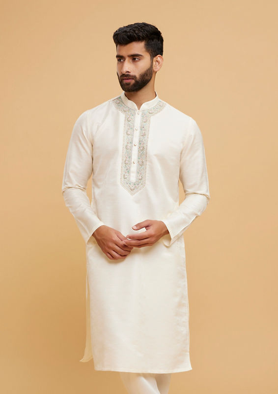 Twamev Men Twinkling Cream Brocade Kurta Pajama